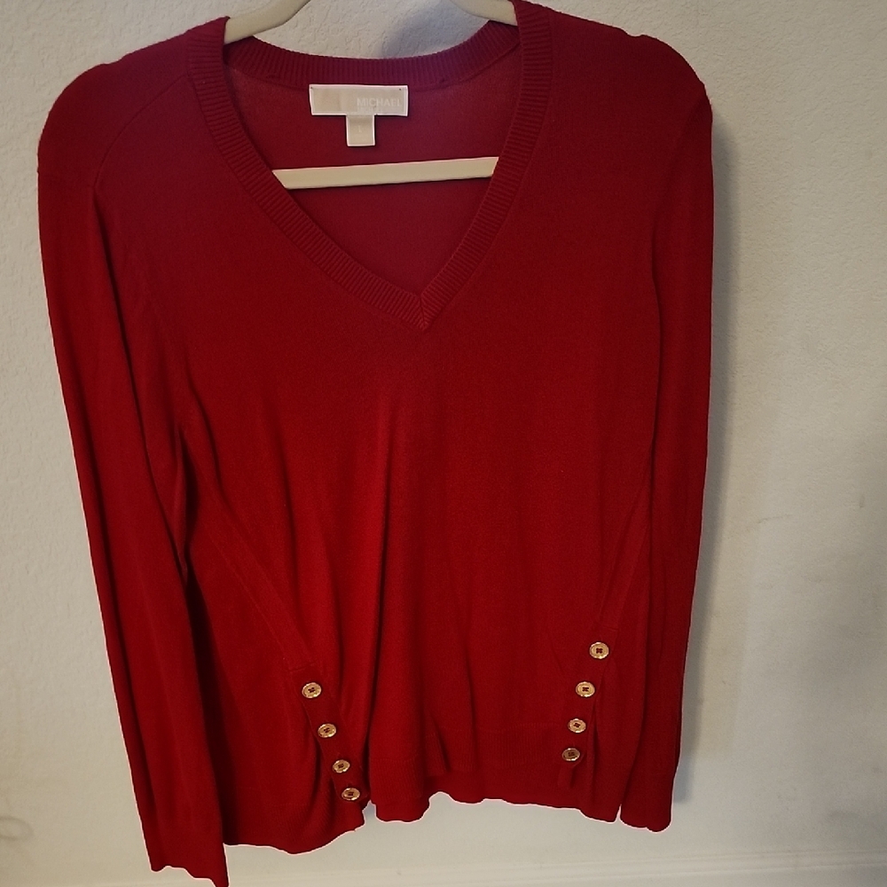 Michael Kors Red V‑Neck Sweater with Gold Buttons